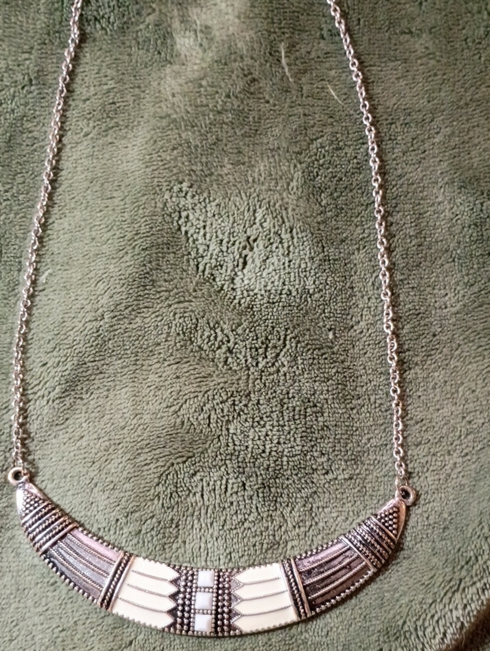 Silver-Tone Crescent Necklace with White Inlay - Women's Jewelry